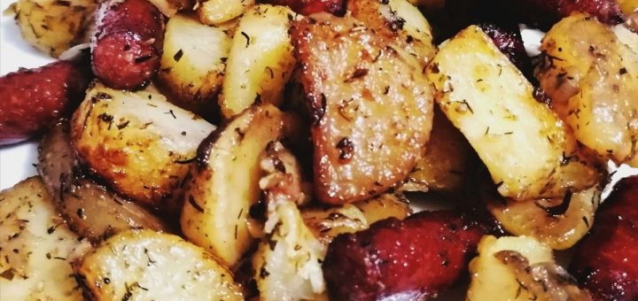 rustic roasted potatoes with game sausages