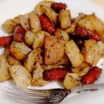 roasted rustic potatoes with game sausages