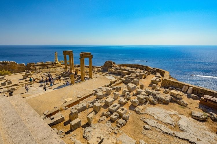 Ruins of Lindos Temple and the Mediterranean Sea